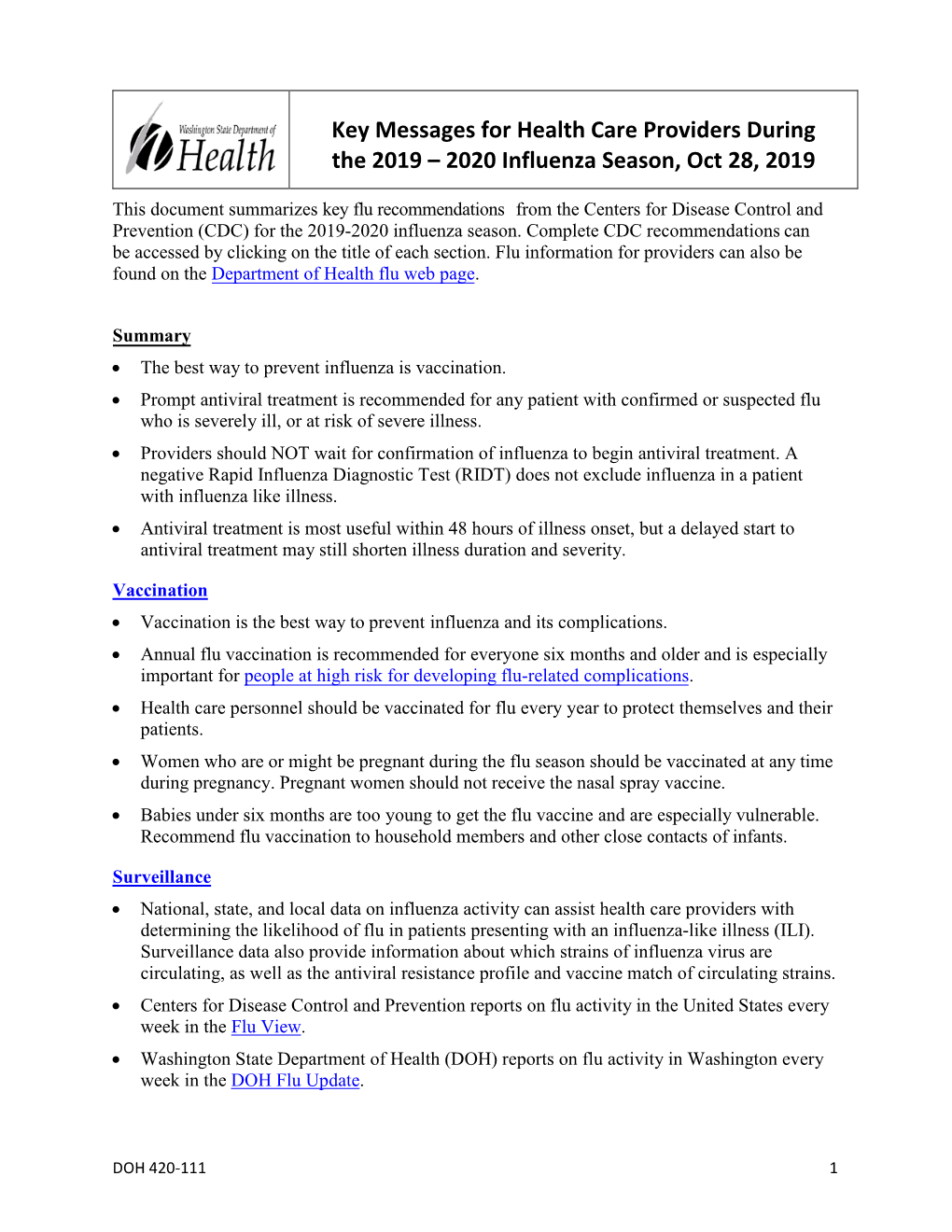 Key Messages for Health Care Providers During the Influenza