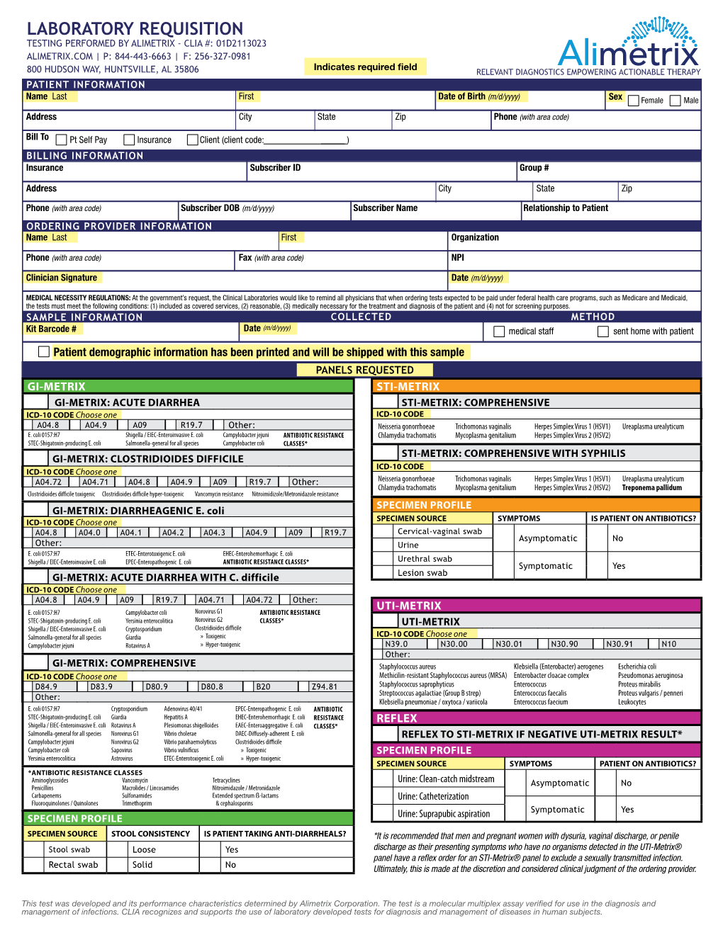 Alimetrix Laboratory Requisition Form