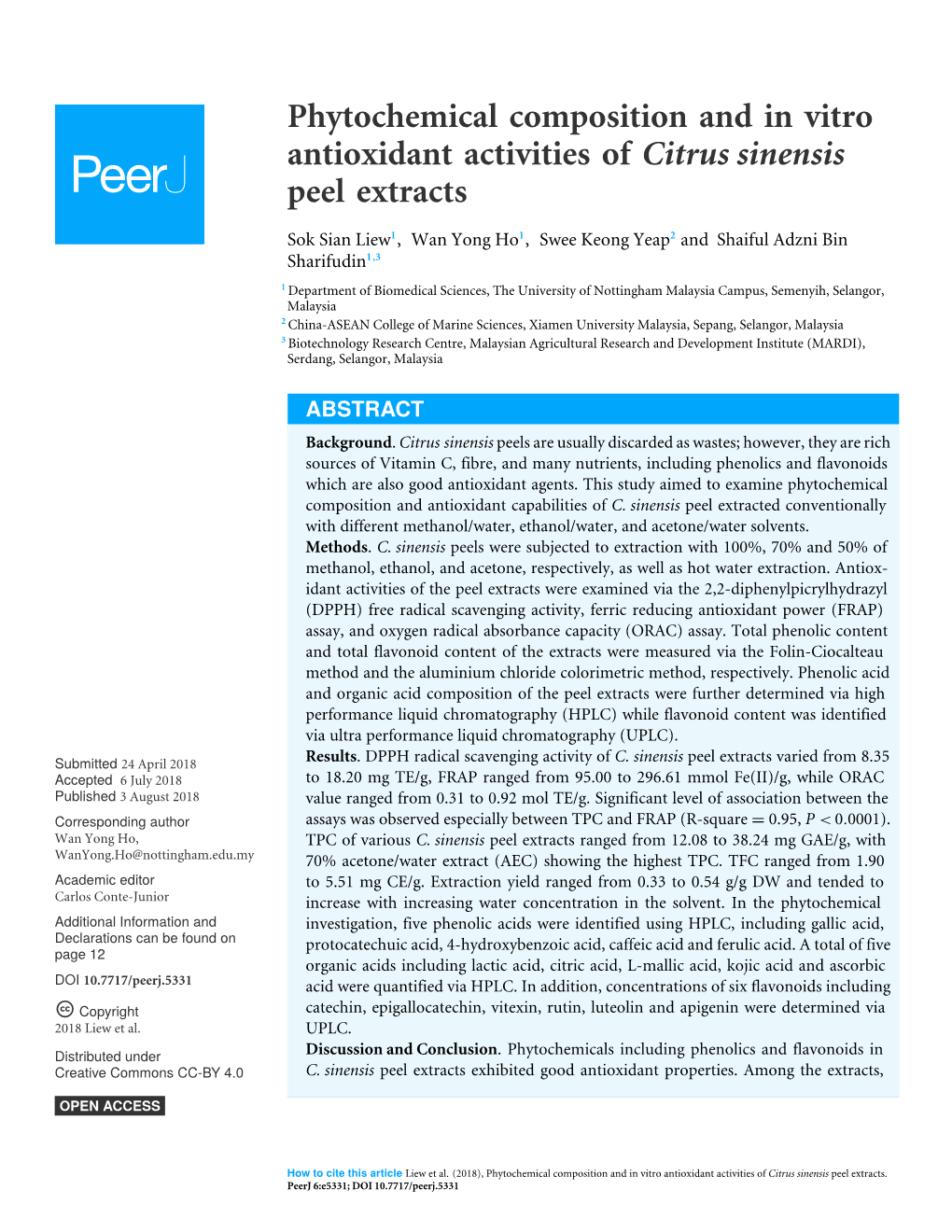 Phytochemical Composition and in Vitro Antioxidant Activities of Citrus Sinensis Peel Extracts