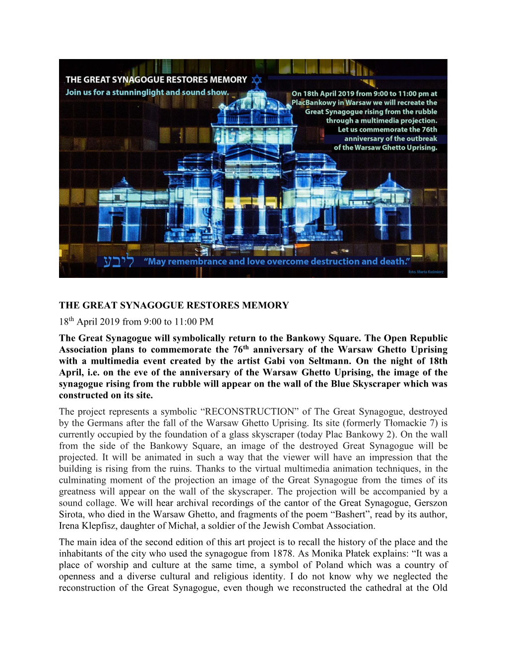 THE GREAT SYNAGOGUE RESTORES MEMORY 18Th April 2019 from 9:00 to 11:00 PM the Great Synagogue Will Symbolically Return to the Bankowy Square