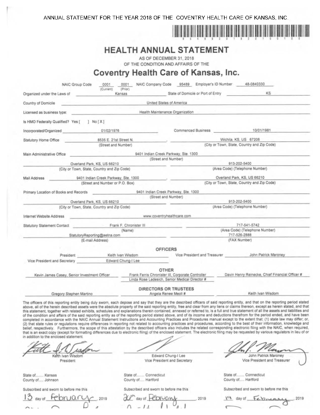 95489 COVENTRY HEALTH CARE of KANSAS, INC. Original Filing