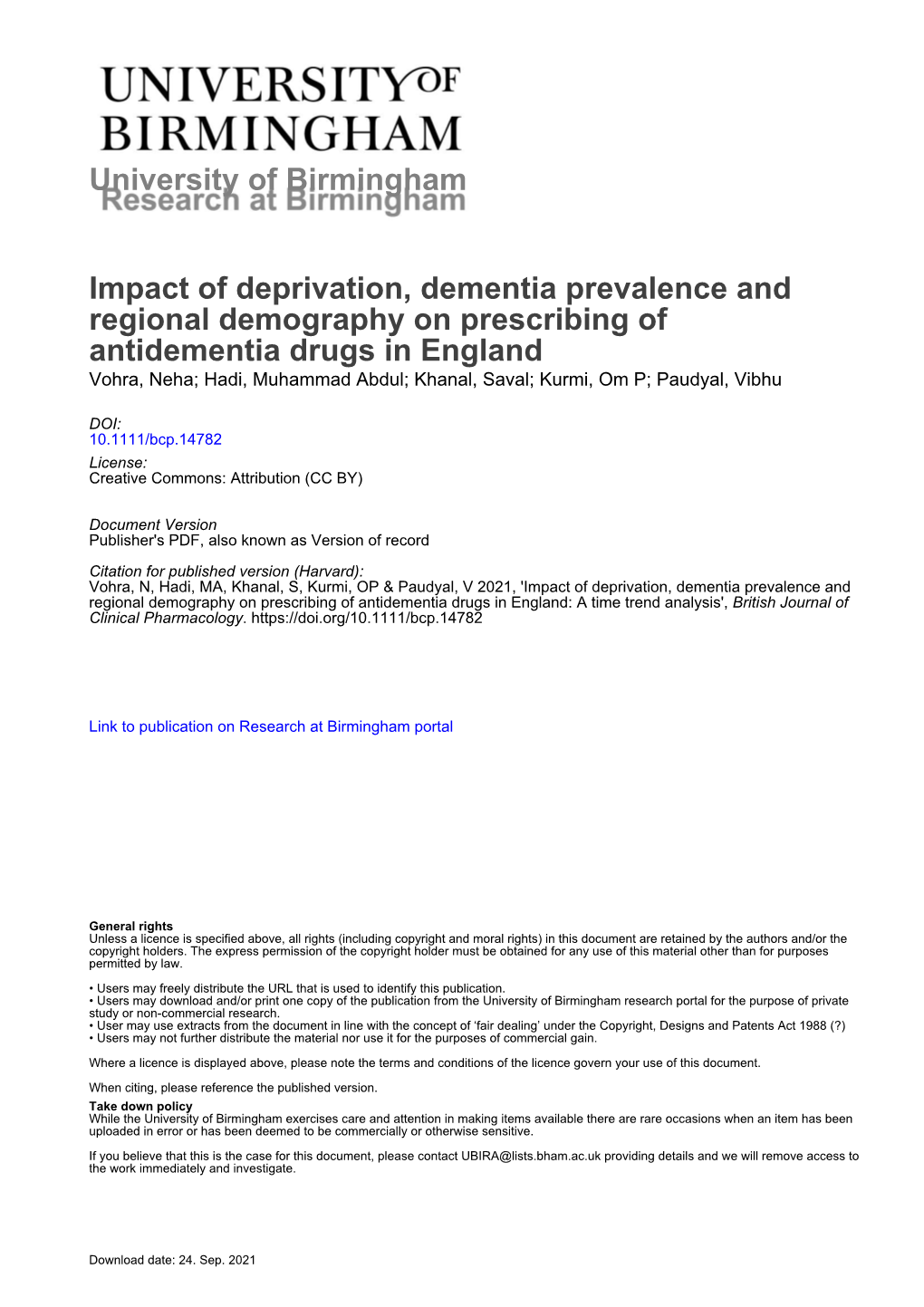 Impact of Deprivation, Dementia Prevalence and Regional