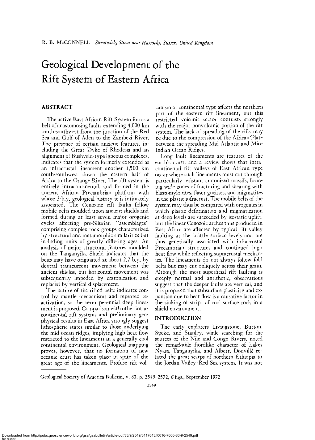 R. B. Mcconnell Streatwic\, Streat Near Hassocks, Sussex, United Kingdo Geological Development of the Rift System of Eastern