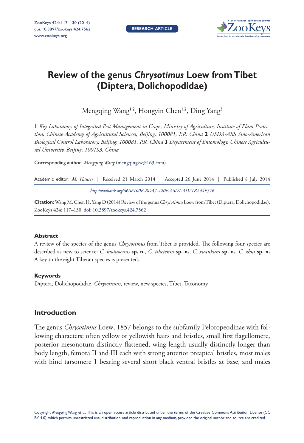 Review of the Genus Chrysotimusloew from Tibet