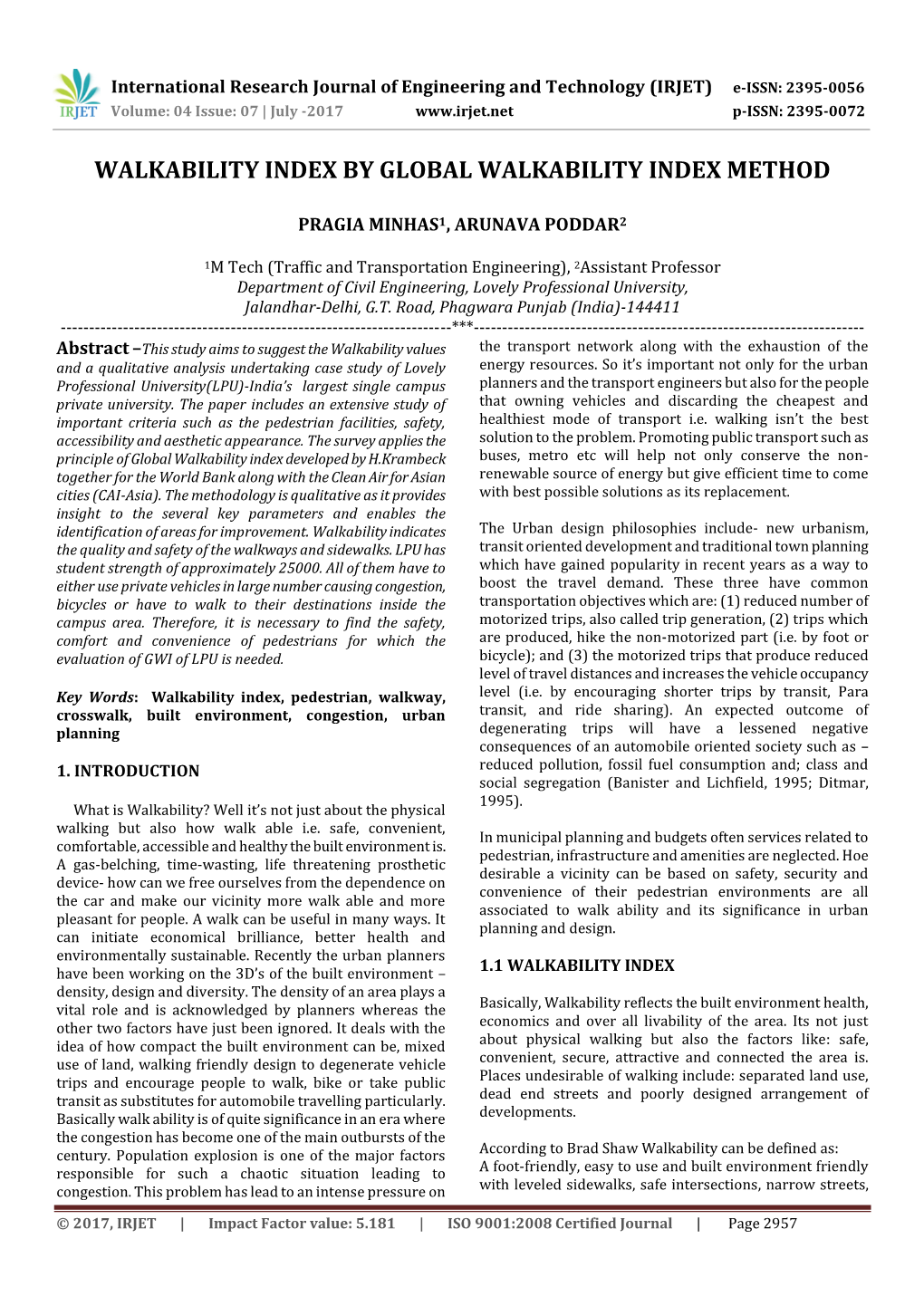 Walkability Index by Global Walkability Index Method