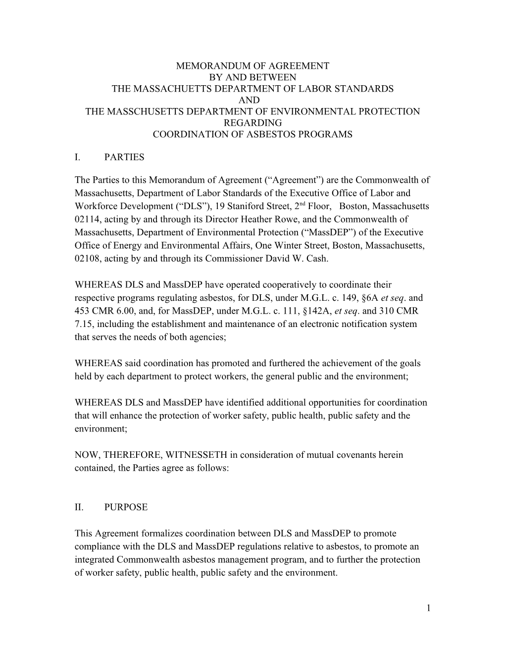 Memorandum Of Agreement By And Between