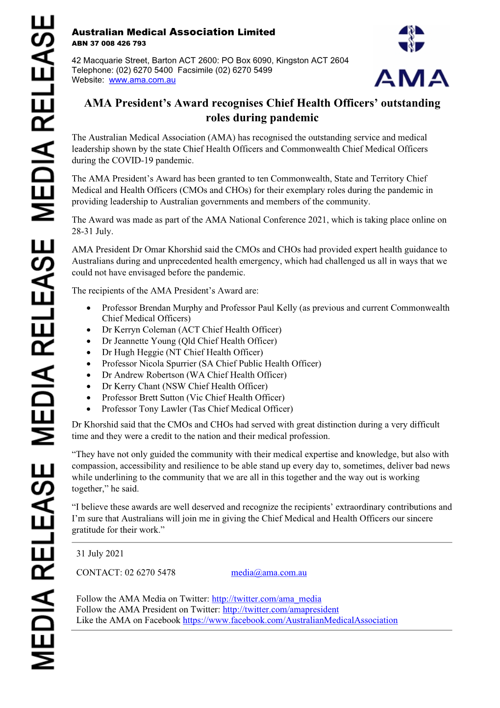 AMA Media Release President's Award 31 July 2021.Pdf (164.4