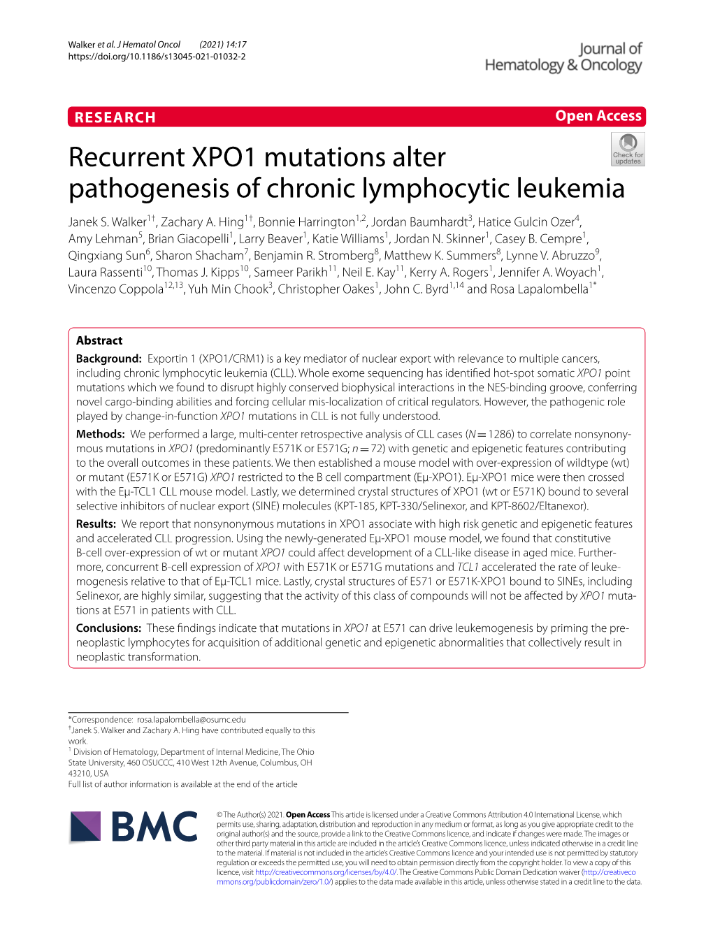 Recurrent XPO1 Mutations Alter Pathogenesis of Chronic Lymphocytic Leukemia Janek S