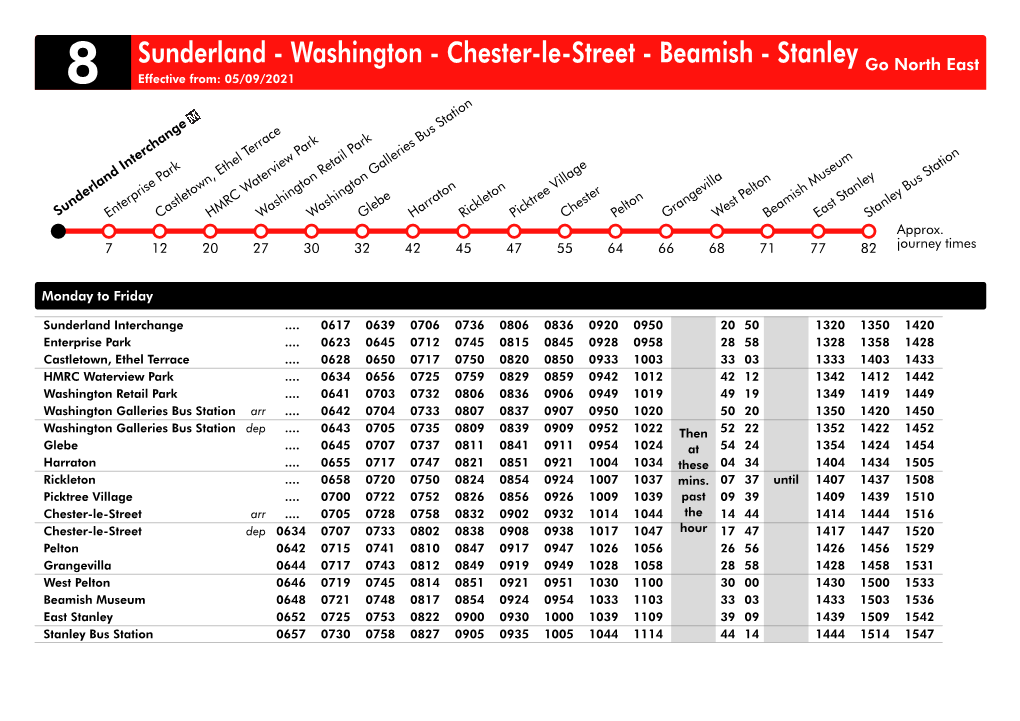 Sunderland - Washington - Chester-Le-Street - Beamish - Stanley Go North East 8 Effective From: 05/09/2021