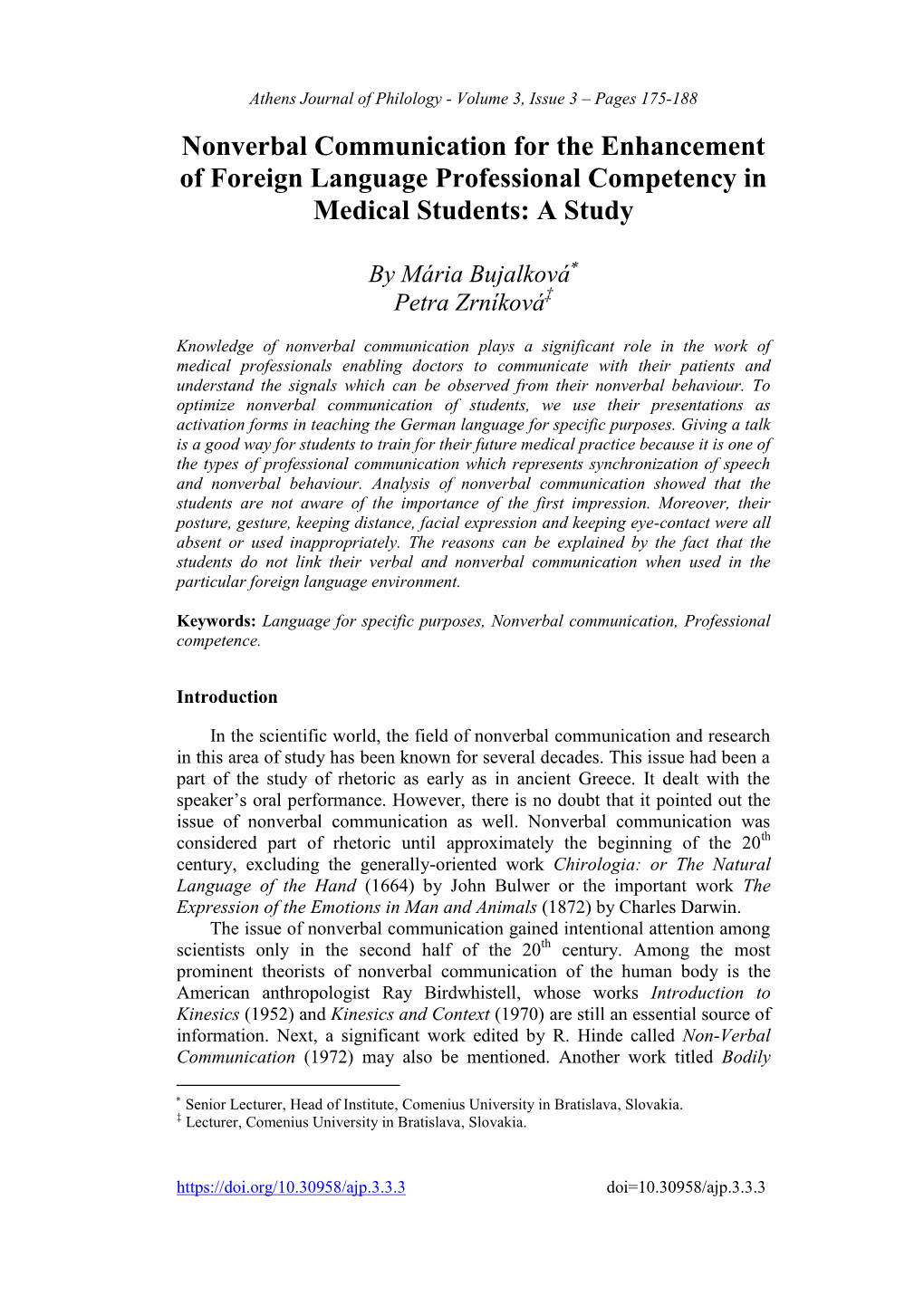 Nonverbal Communication for the Enhancement of Foreign Language Professional Competency in Medical Students: a Study