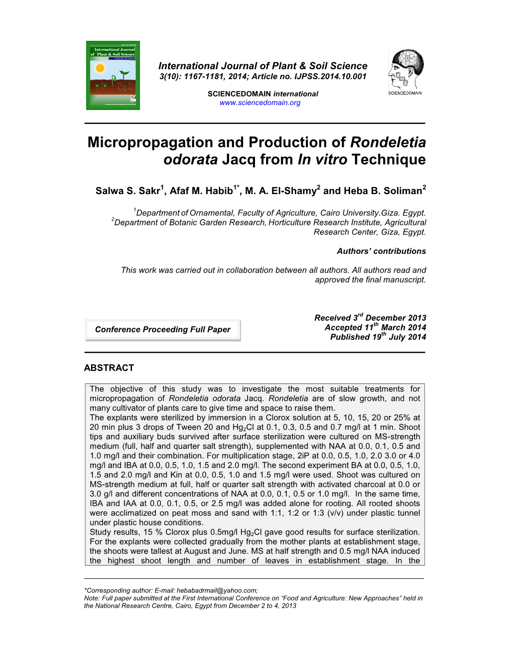 Micropropagation and Production of Rondeletia Odorata Jacq from in Vitro Technique