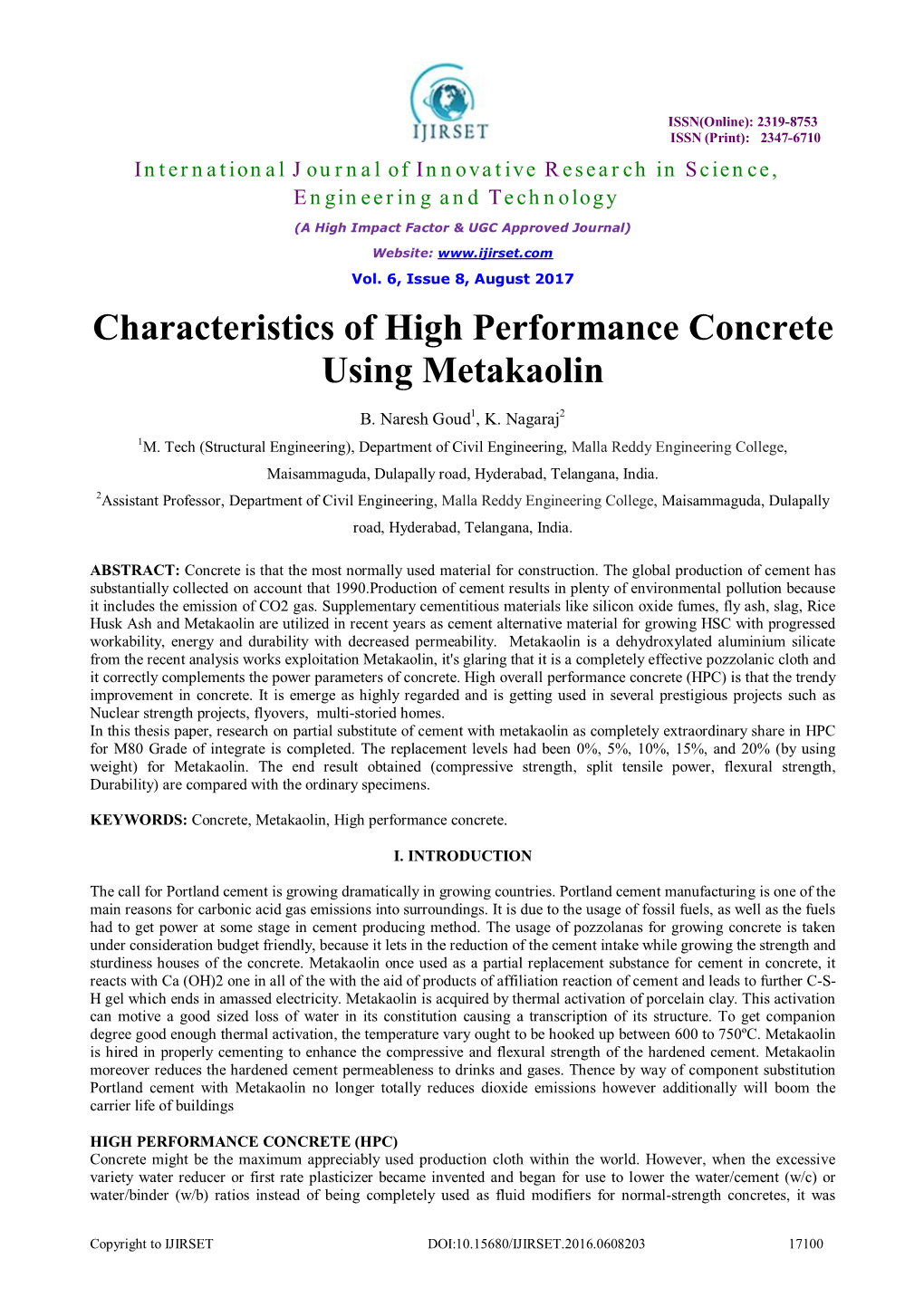 Characteristics of High Performance Concrete Using Metakaolin