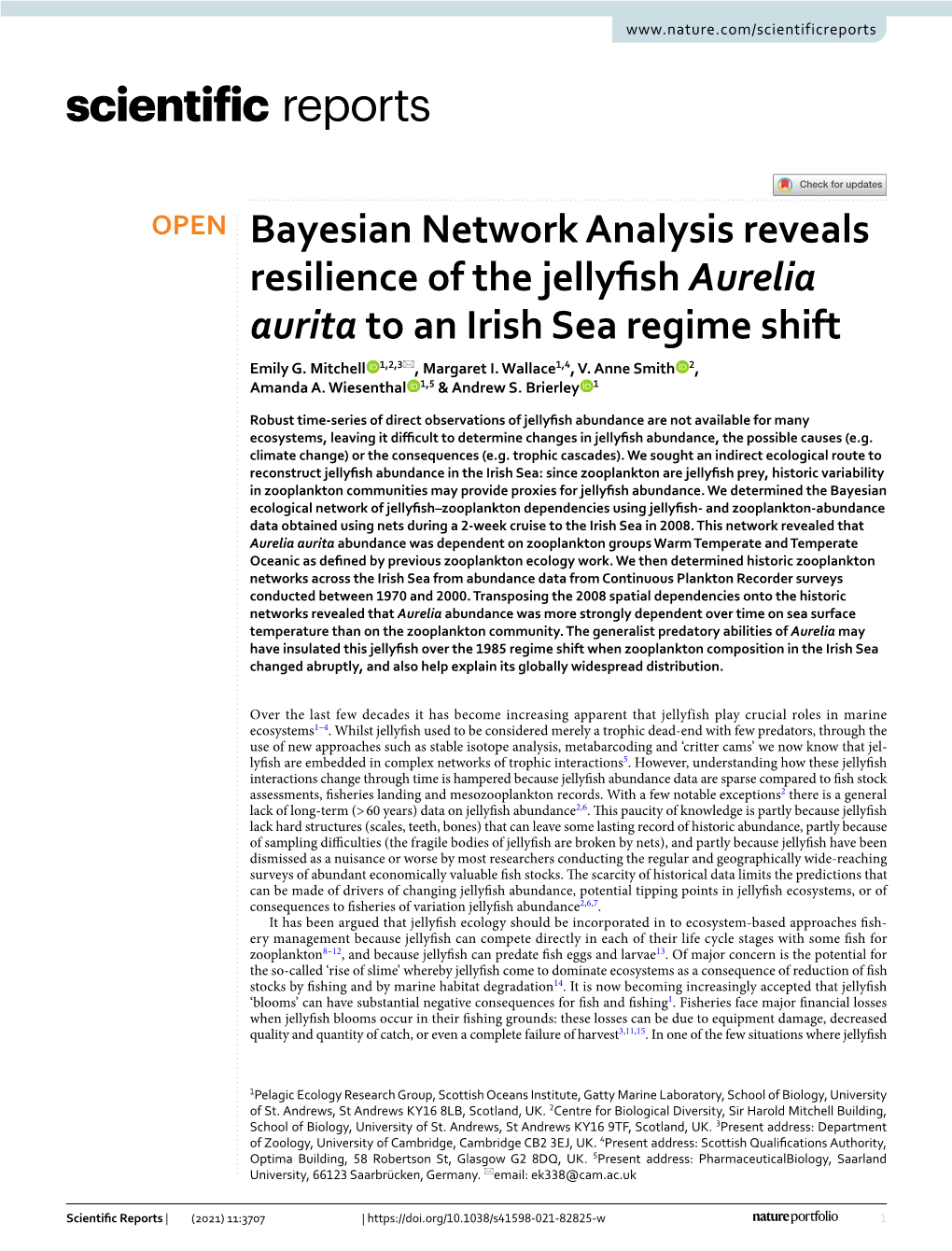 Bayesian Network Analysis Reveals Resilience of the Jellyfish Aurelia