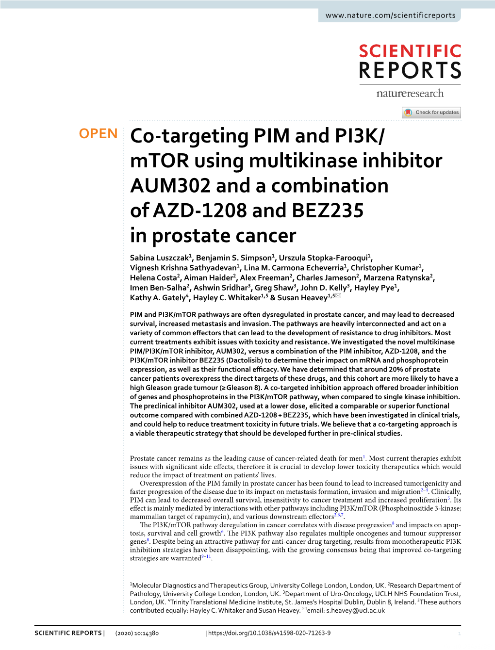 Co-Targeting PIM and PI3K/Mtor Using Multikinase Inhibitor AUM302