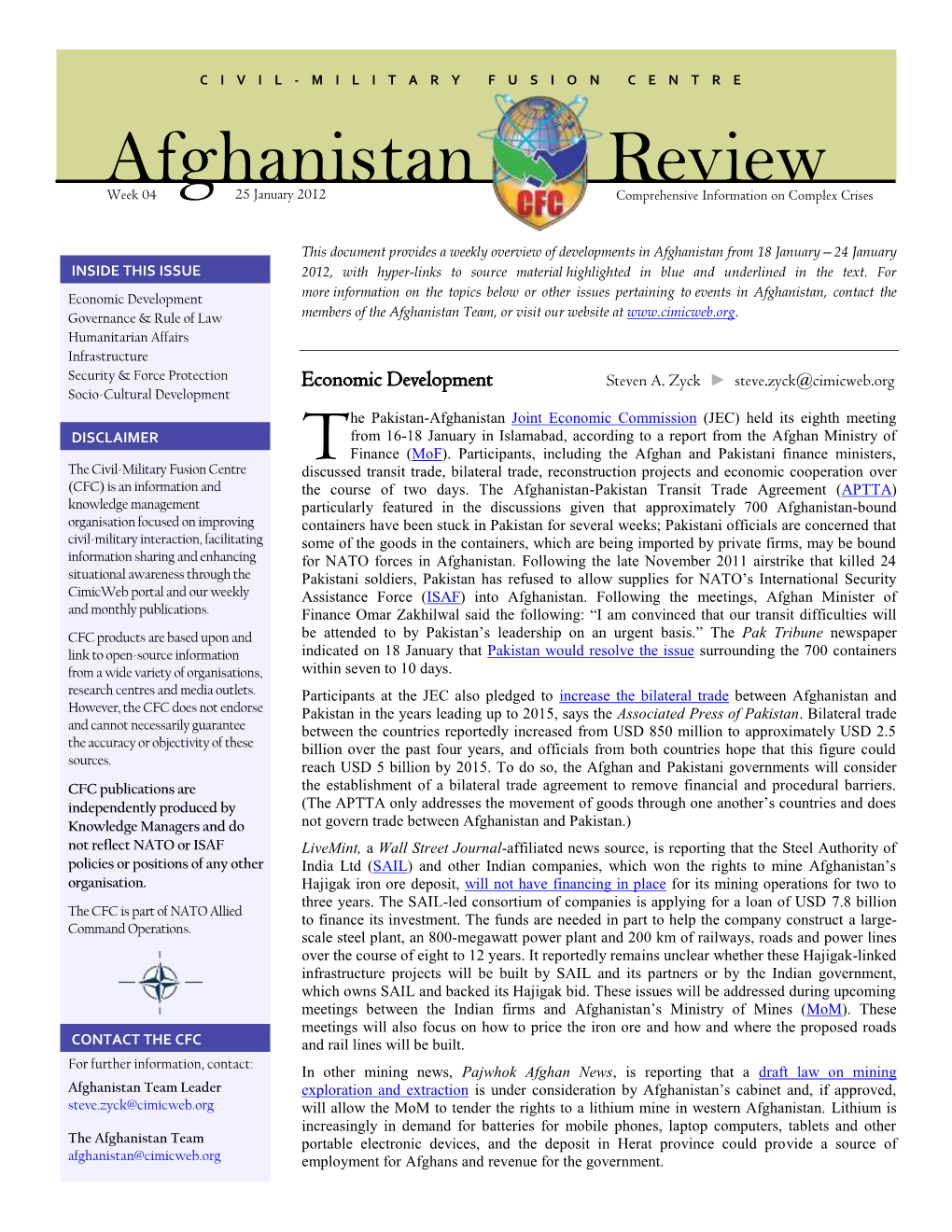 Afghanistan Review Week 04 25 January 2012 Comprehensive Information on Complex Crises