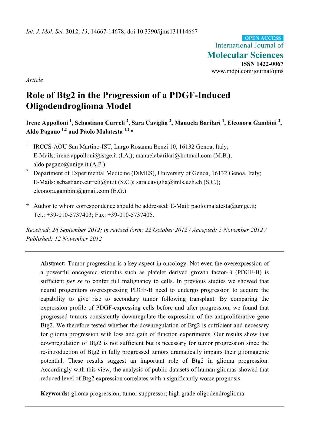 Role of Btg2 in the Progression of a PDGF-Induced Oligodendroglioma Model