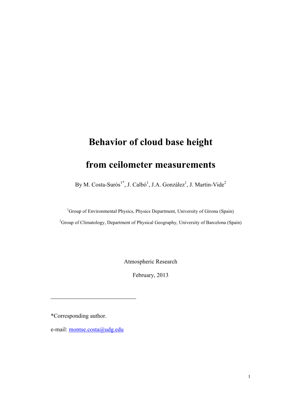 Monthly Distributions of Cloud Base Height Determined with a Ceilometer