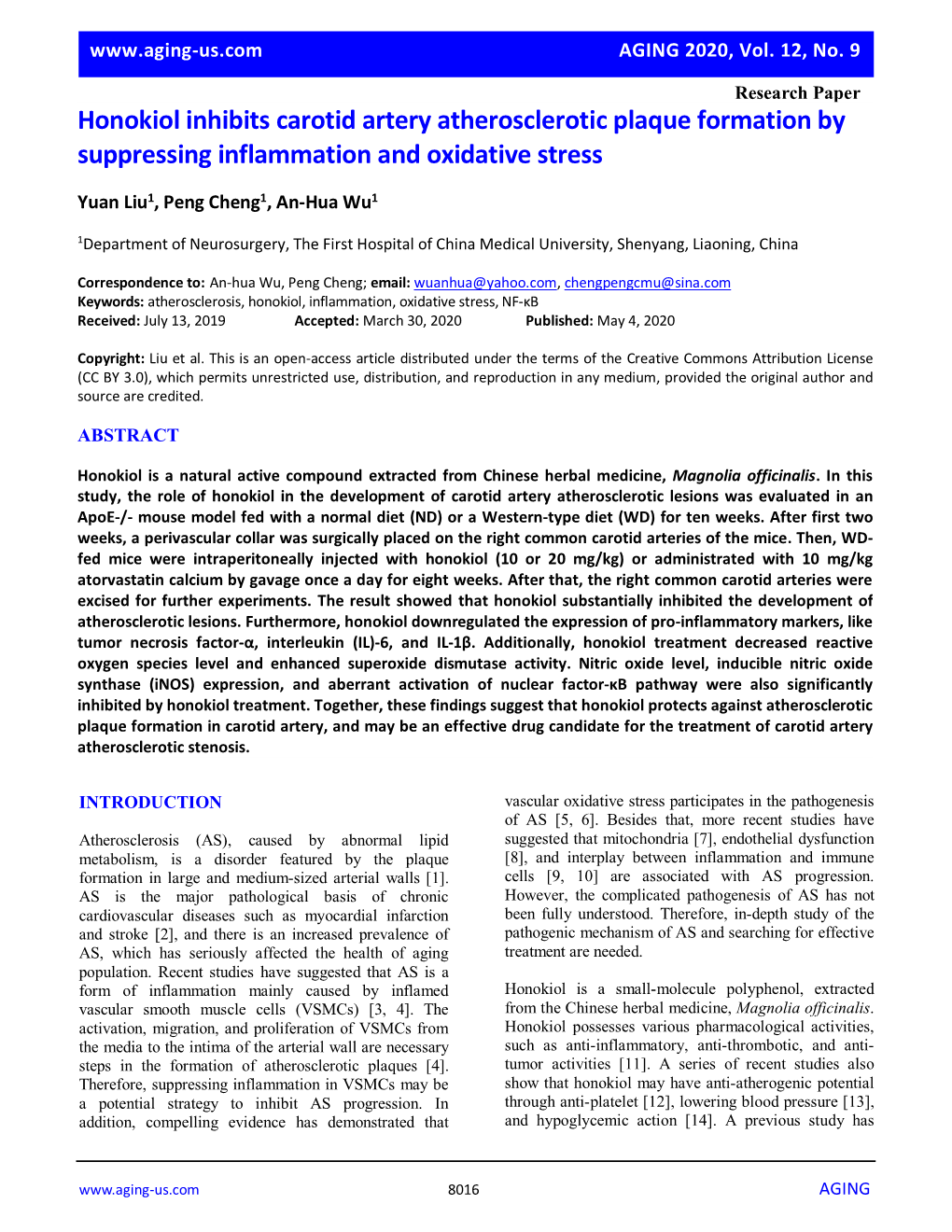 Honokiol Inhibits Carotid Artery Atherosclerotic Plaque Formation by Suppressing Inflammation and Oxidative Stress