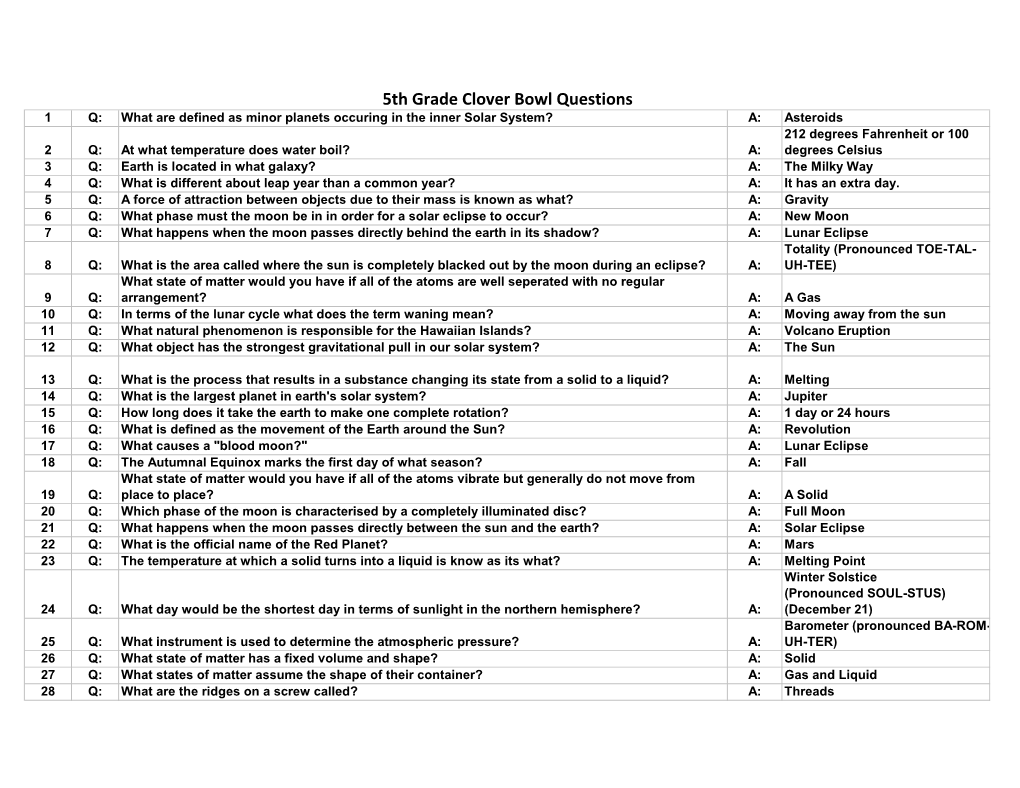 5Th Grade Clover Bowl Questions