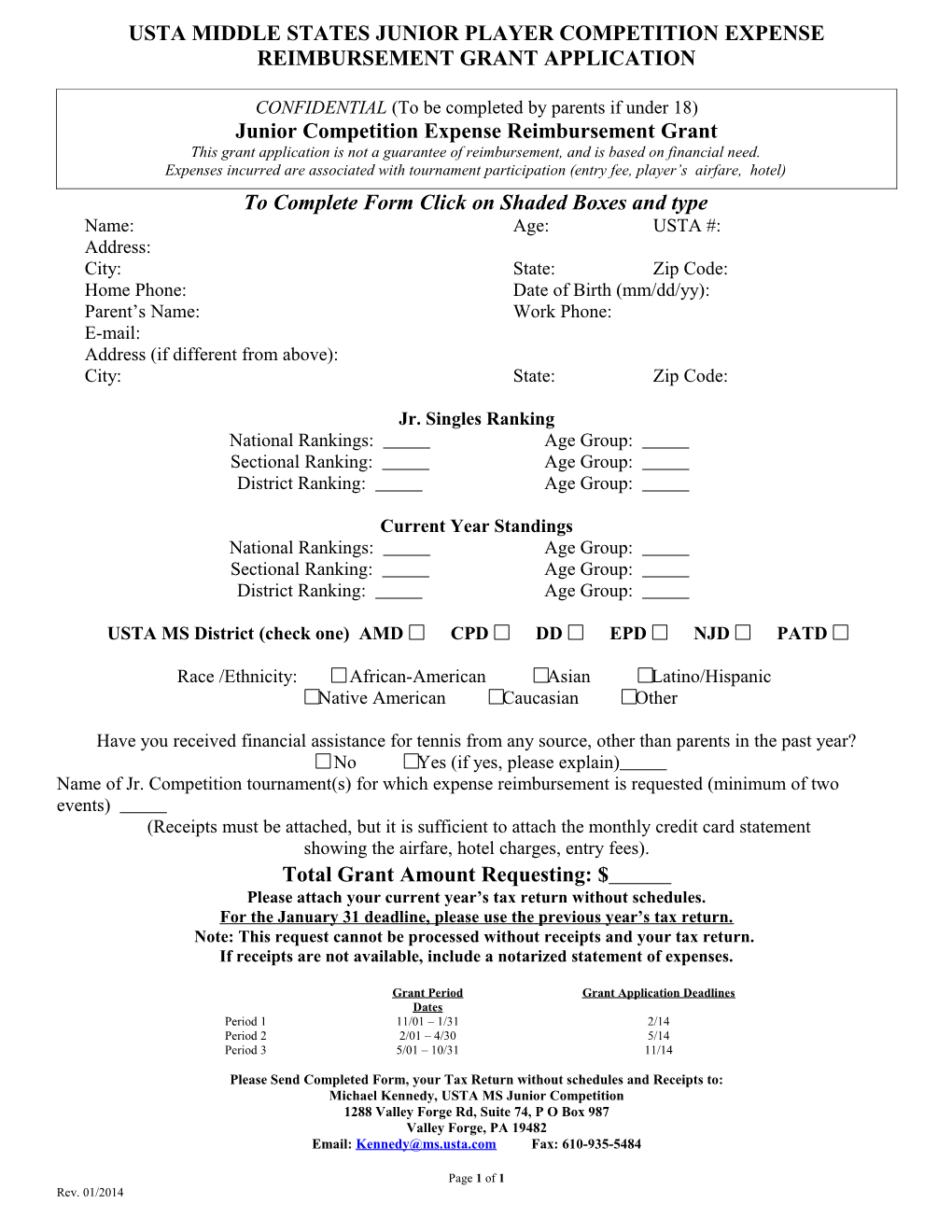 Middle States Junior Player Grant Application Form for Competition