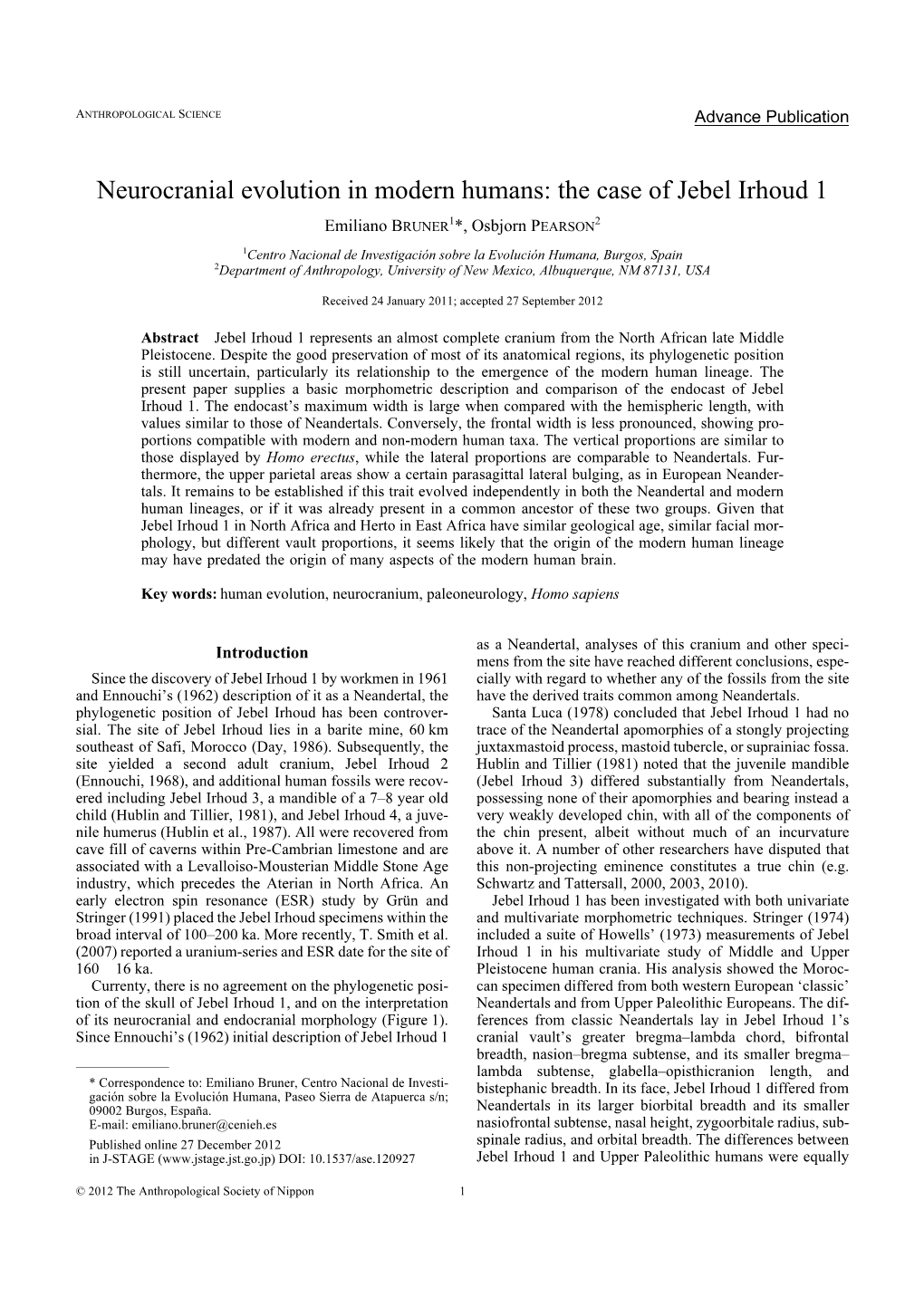 Neurocranial Evolution in Modern Humans: the Case of Jebel Irhoud 1