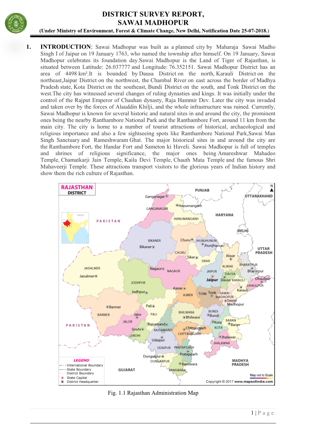 DISTRICT SURVEY REPORT, SAWAI MADHOPUR (Under Ministry of Environment, Forest & Climate Change, New Delhi, Notification Date 25-07-2018.)