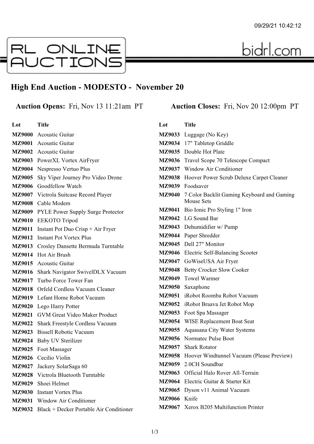 High End Auction - MODESTO - November 20