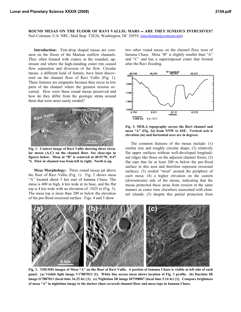 ROUND MESAS on the FLOOR of RAVI VALLIS, MARS  ARE THEY IGNEOUS INTRUSIVES? Neil Coleman, U.S