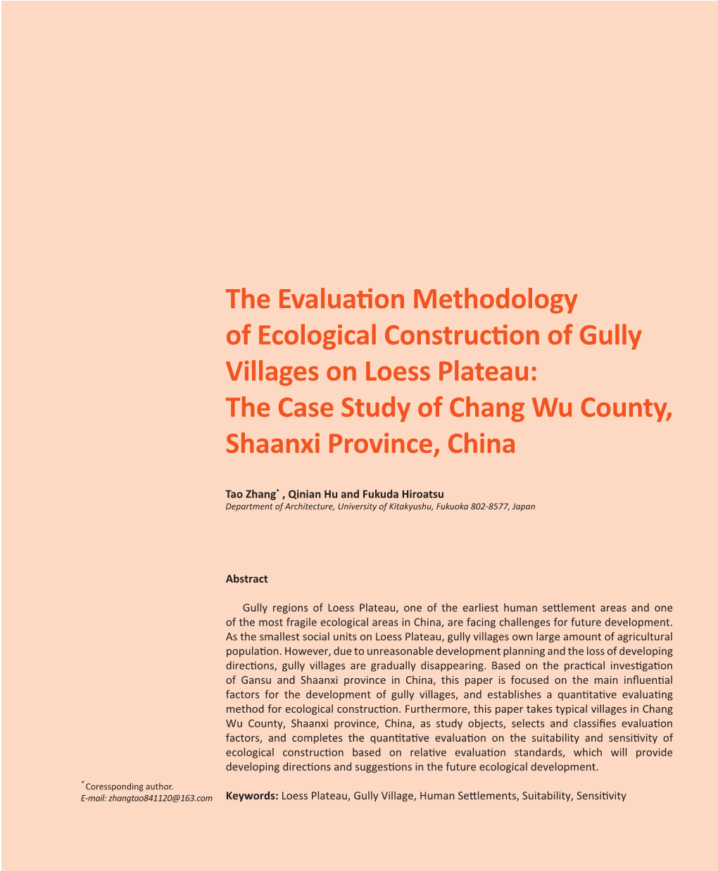 The Evaluation Methodology of Ecological Construction of Gully Villages on Loess Plateau: the Case Study of Chang Wu County, Shaanxi Province, China