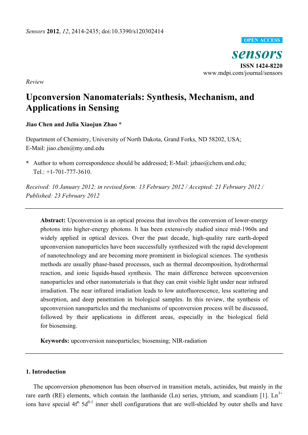 Upconversion Nanomaterials: Synthesis, Mechanism, and Applications in Sensing