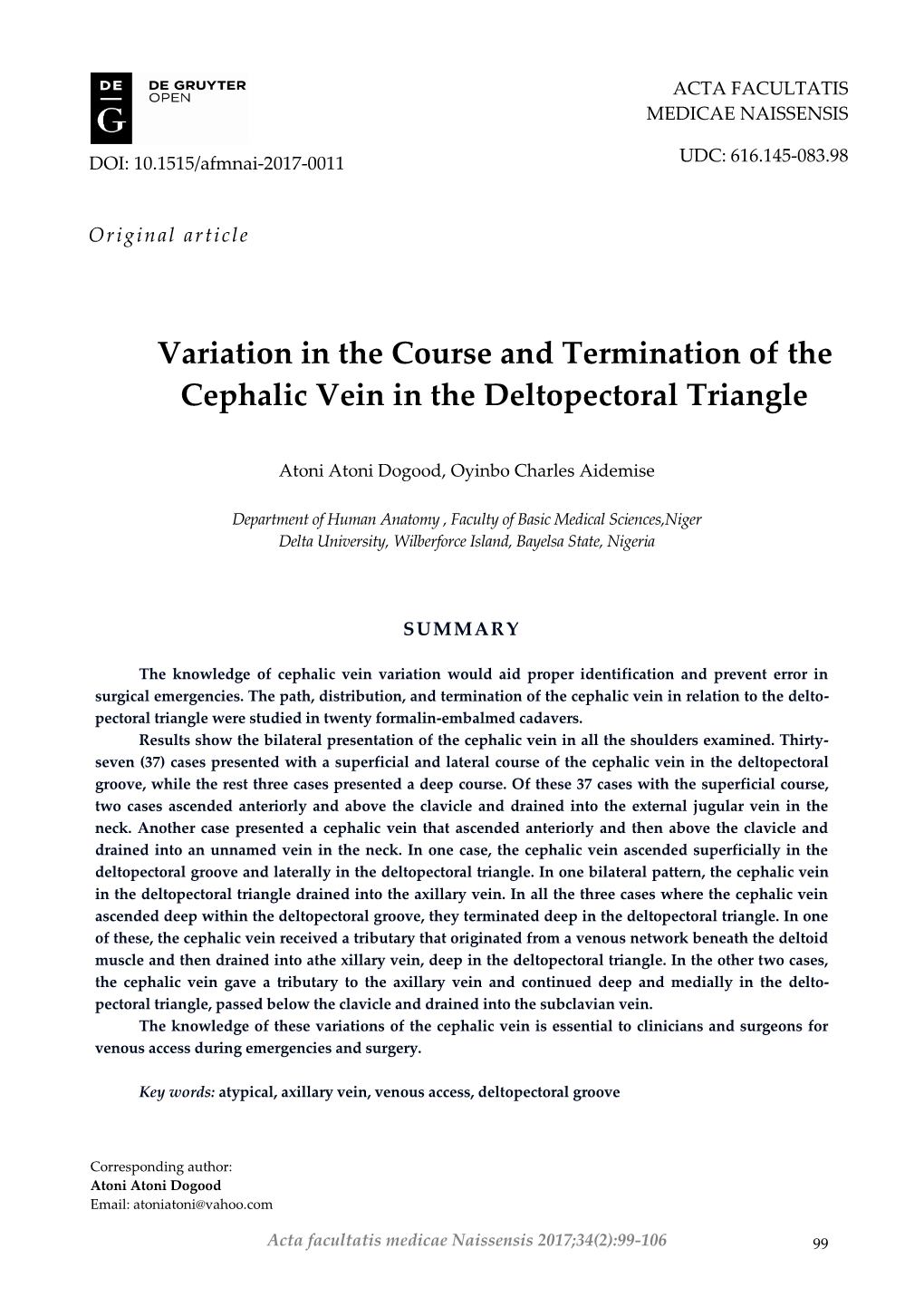 Variation in the Course and Termination of the Cephalic Vein in the Deltopectoral Triangle