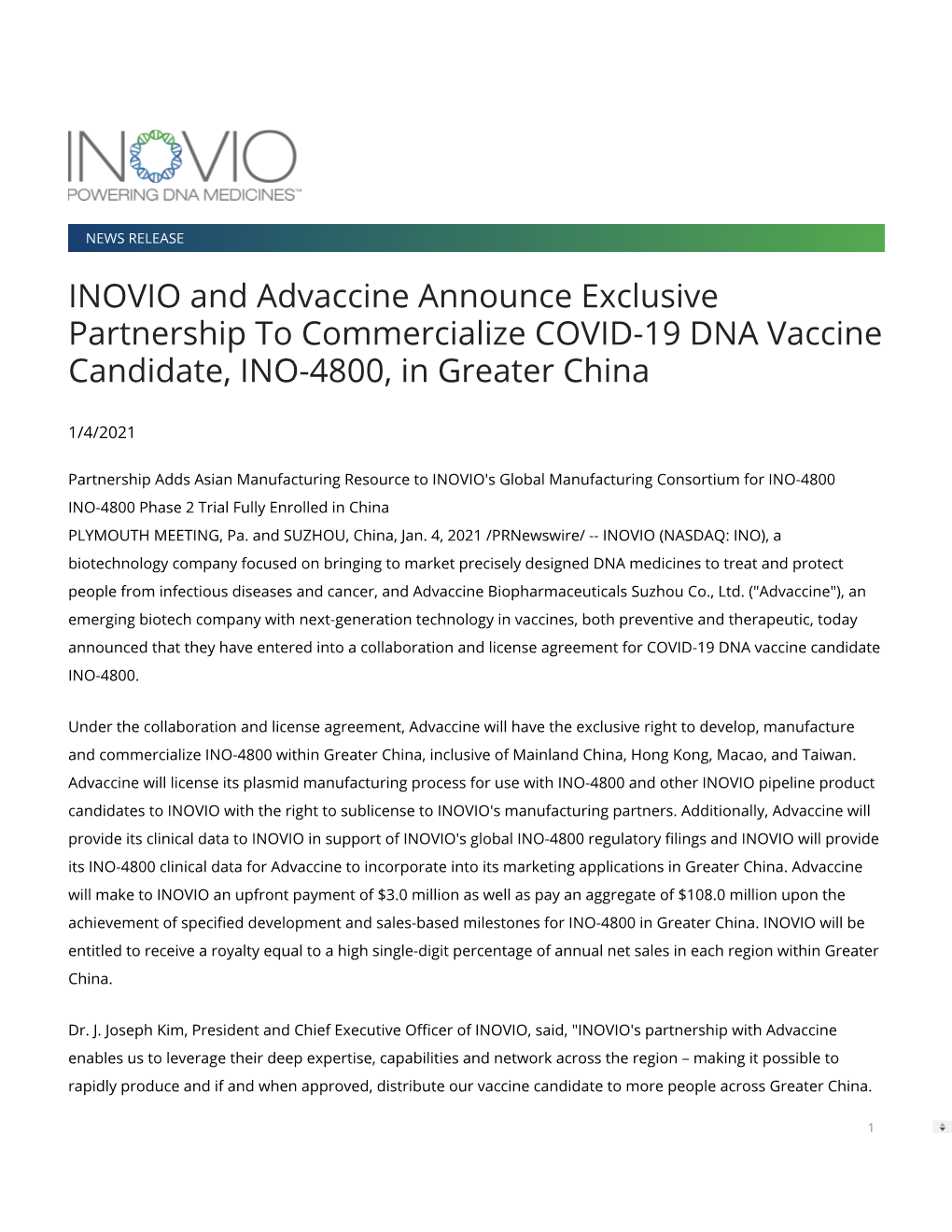 INOVIO and Advaccine Announce Exclusive Partnership to Commercialize COVID-19 DNA Vaccine Candidate, INO-4800, in Greater China