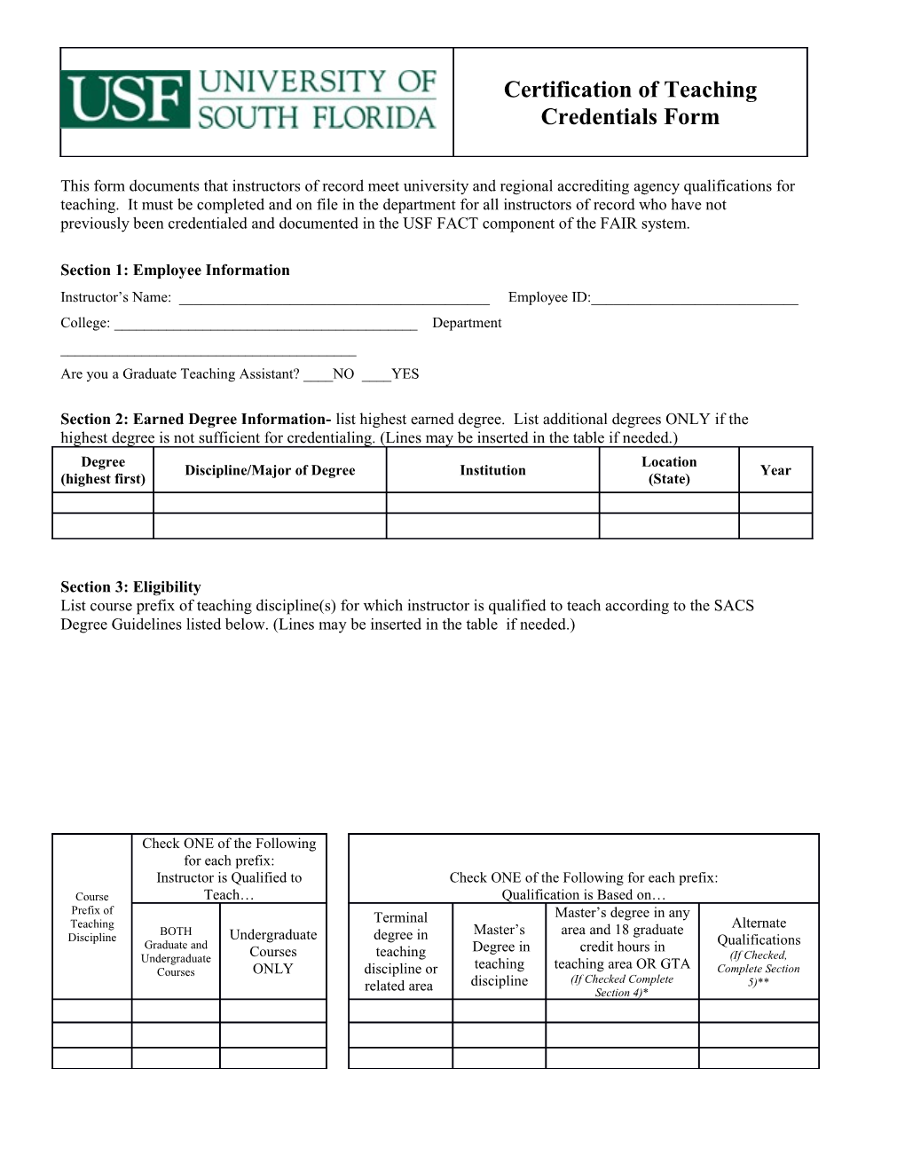 Certification of Teaching Credentials Form