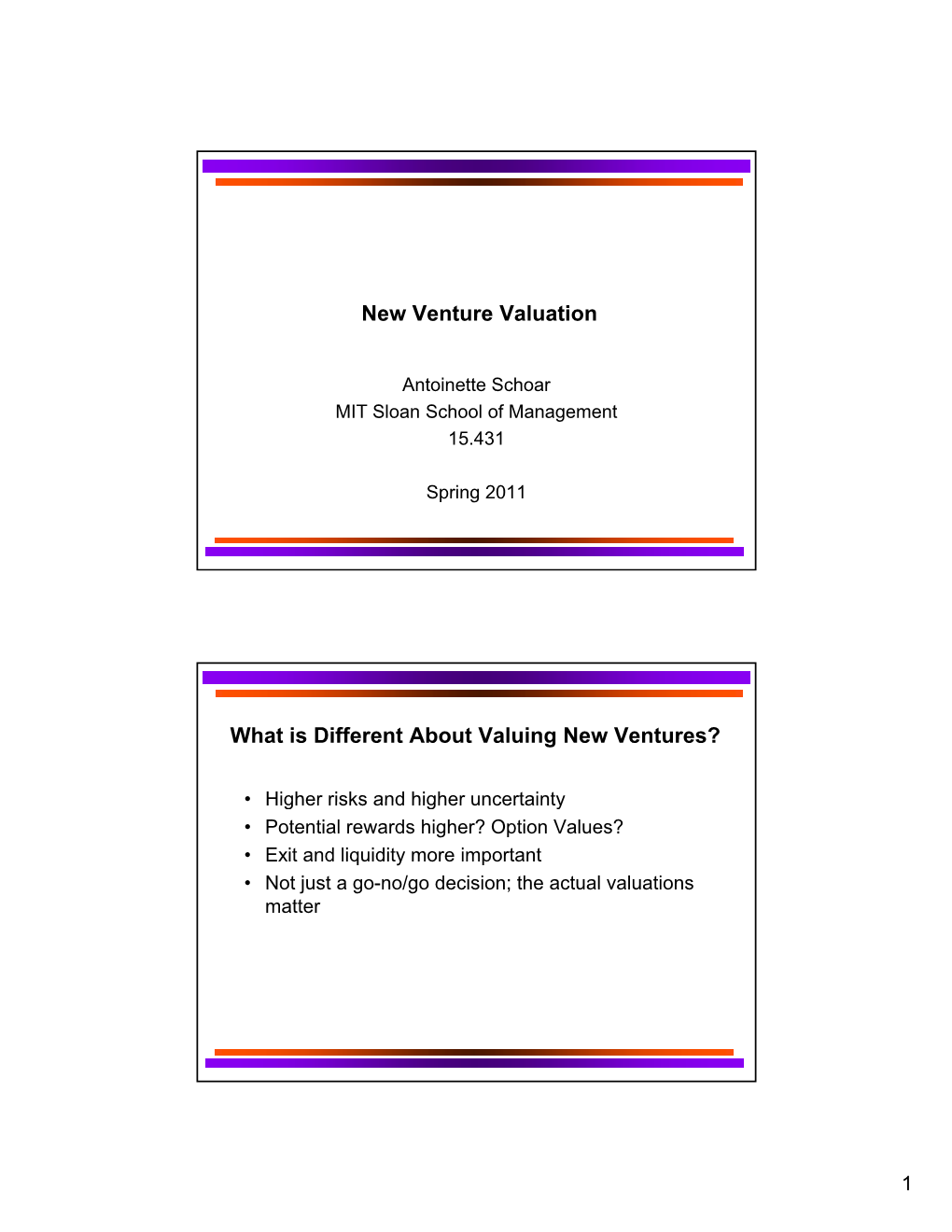 15.431 Entrepreneurial Finance, Lecture 01 Notes