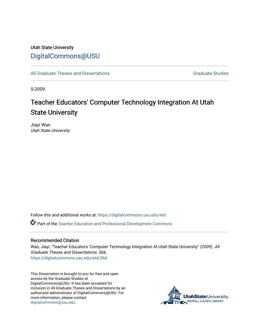 Teacher Educators' Computer Technology Integration at Utah State University