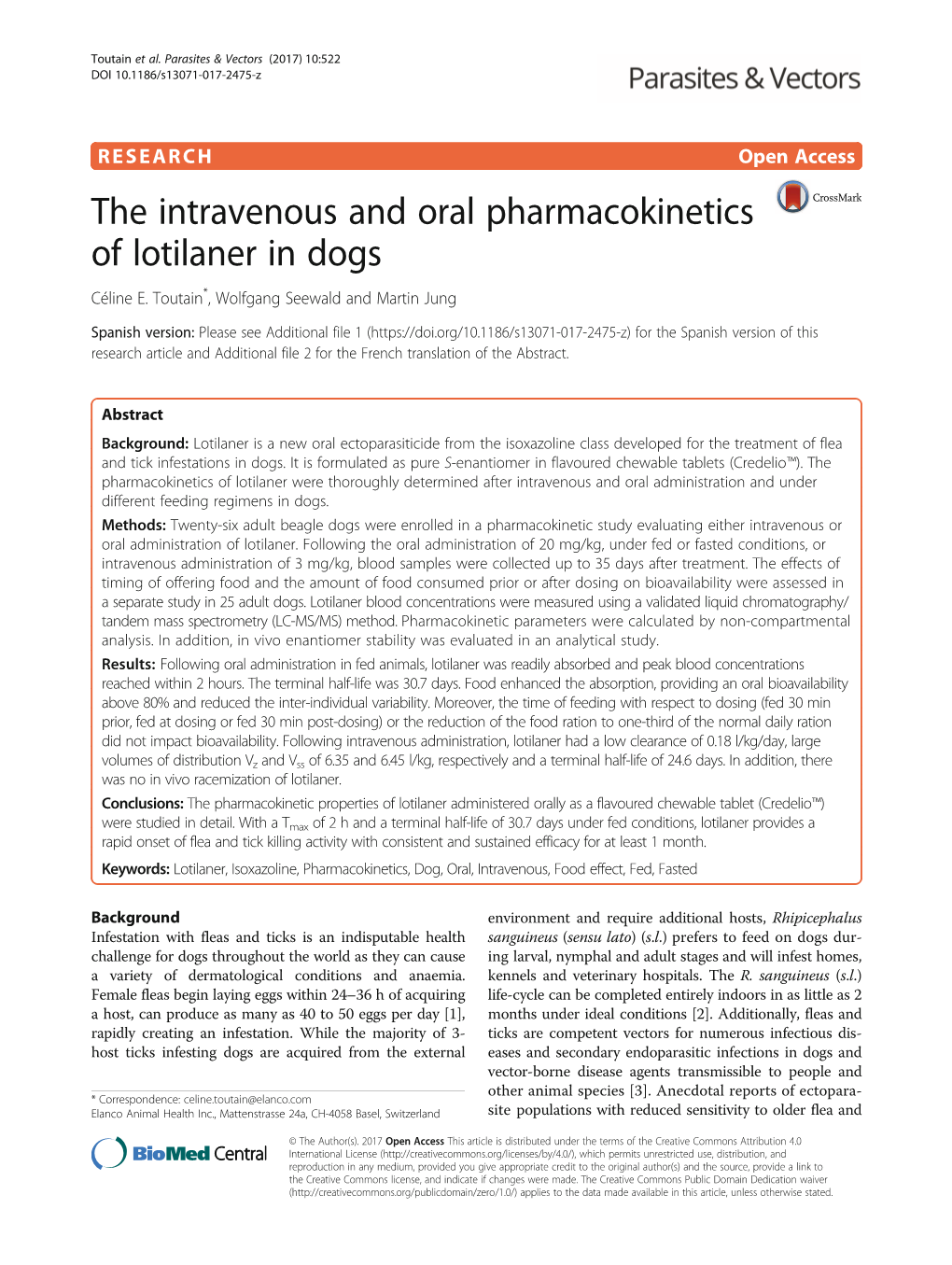 The Intravenous and Oral Pharmacokinetics of Lotilaner in Dogs Céline E