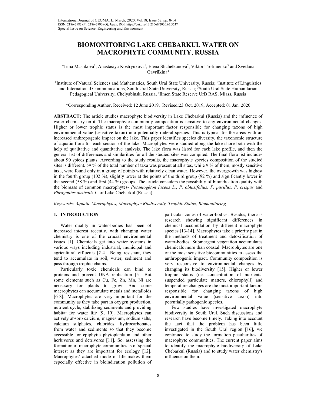 Biomonitoring Lake Chebarkul Water on Macrophyte Community, Russia