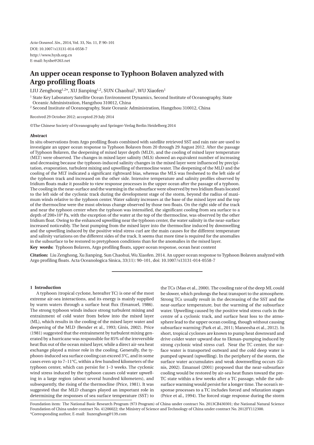 An Upper Ocean Response to Typhoon Bolaven Analyzed with Argo