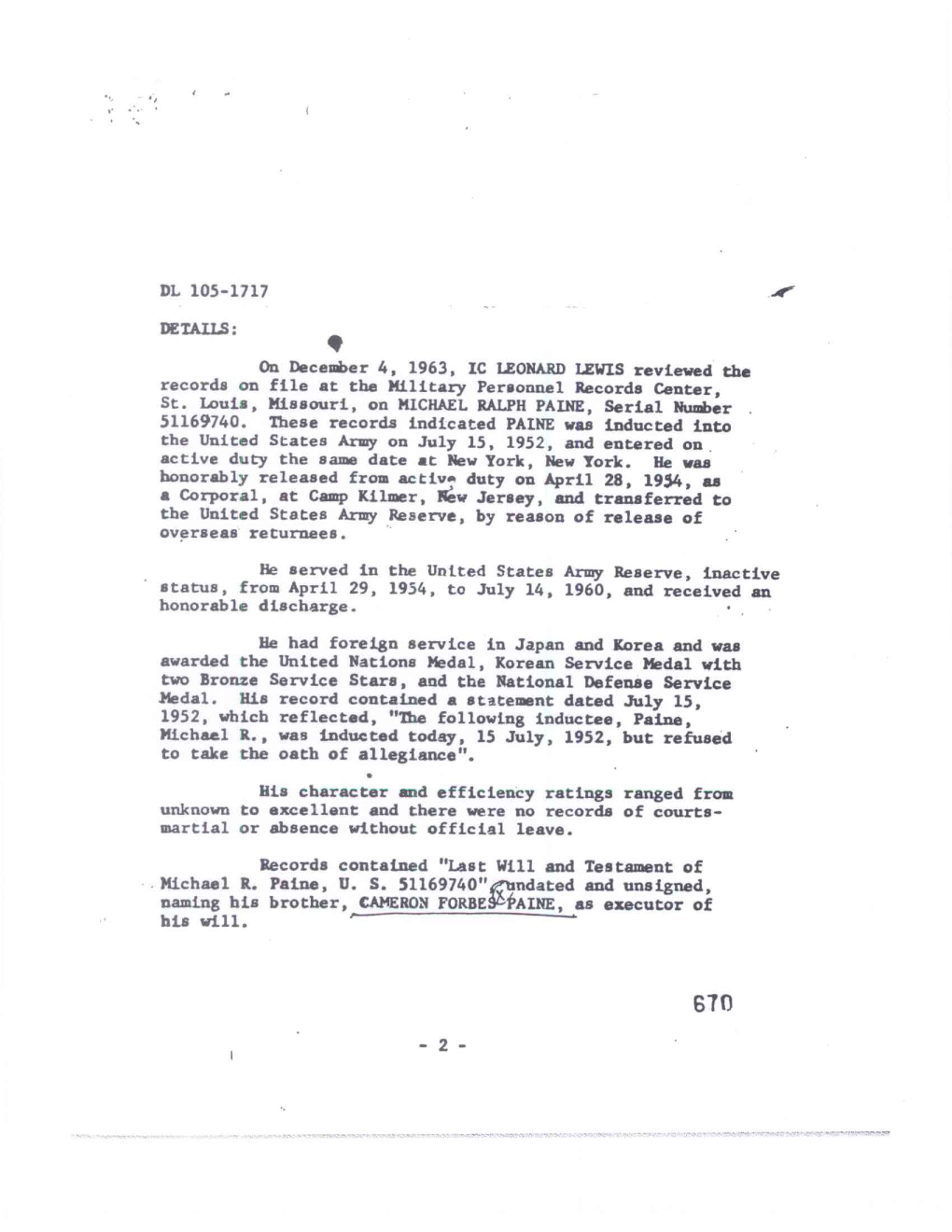 DL 105-1717 DETAILS: on December 4, 1963, IC LEONARD LEWIS
