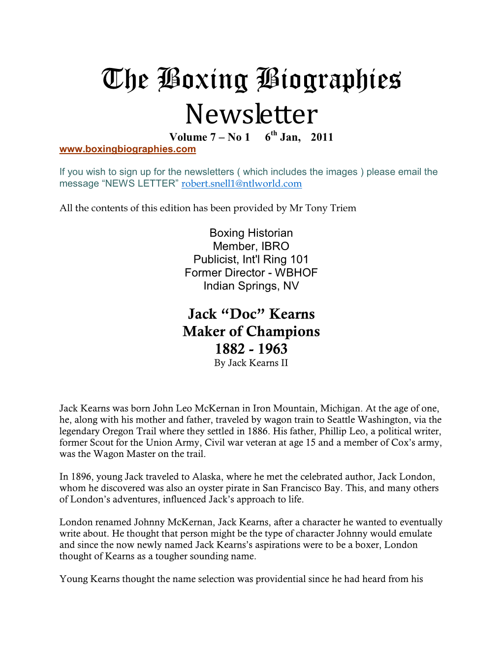 The Boxing Biographies Newsletter Volume 7 – No 1 6Th Jan, 2011