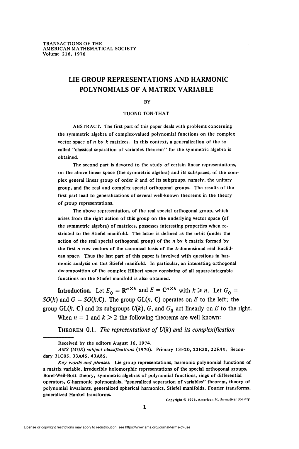 Lie Group Representations and Harmonic Polynomials of a Matrix Variable, Ph.D Dissertation, University of California, Irvine, 1974