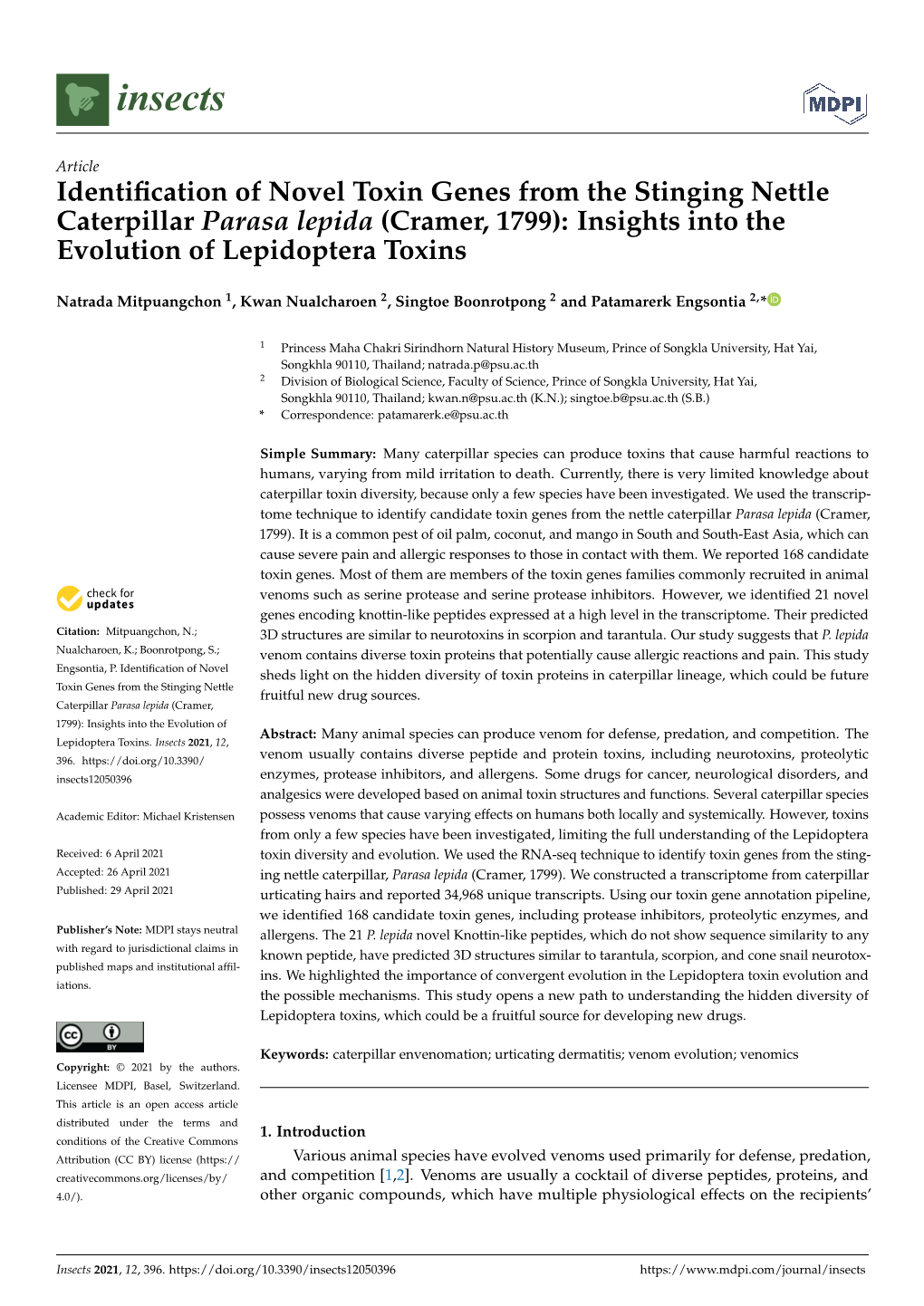 Identification of Novel Toxin Genes from the Stinging Nettle Caterpillar