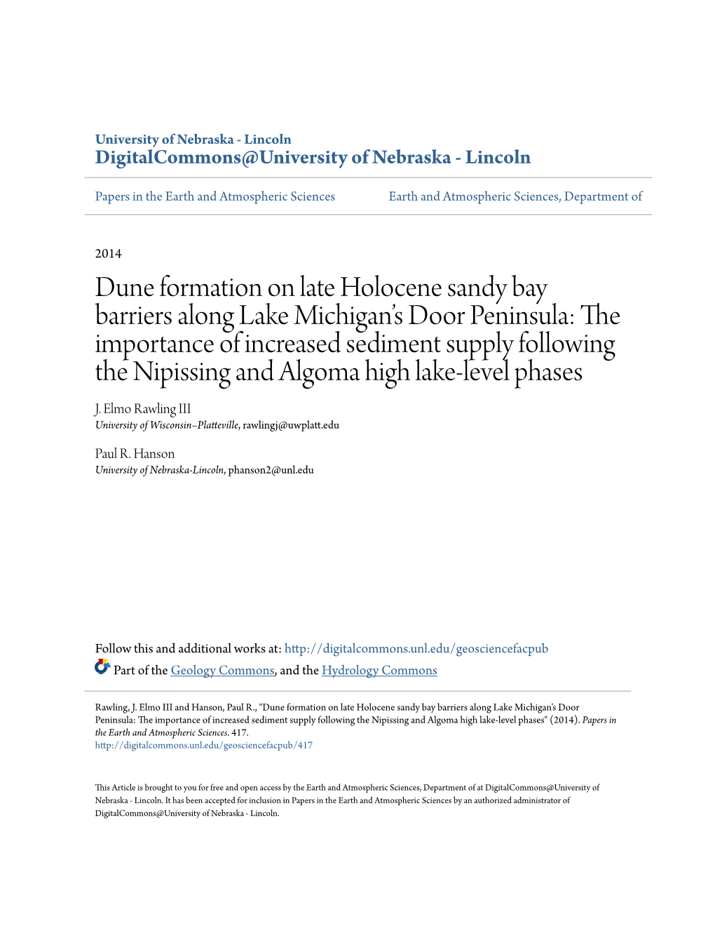 Dune Formation on Late Holocene Sandy Bay Barriers Along Lake