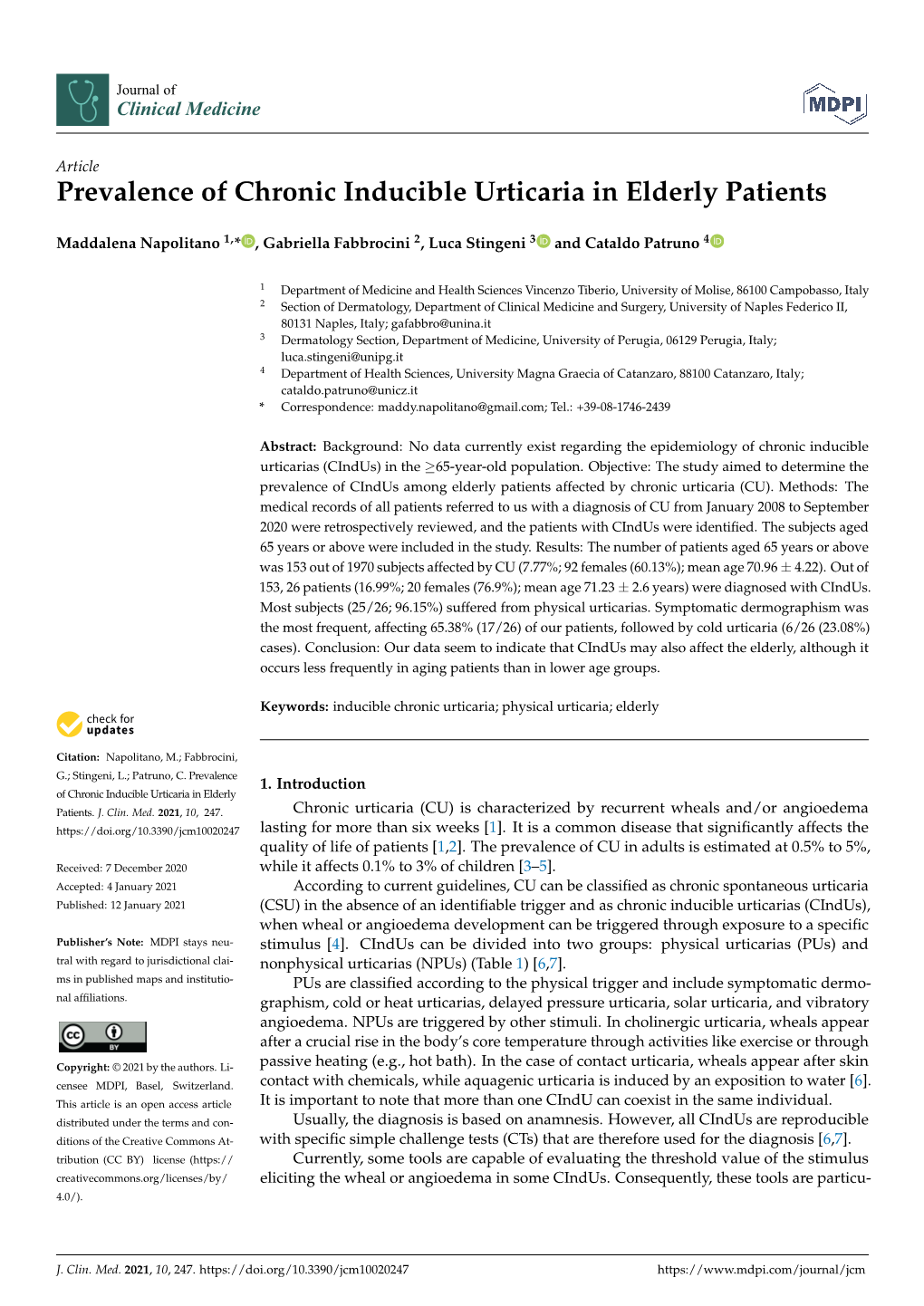 Prevalence of Chronic Inducible Urticaria in Elderly Patients