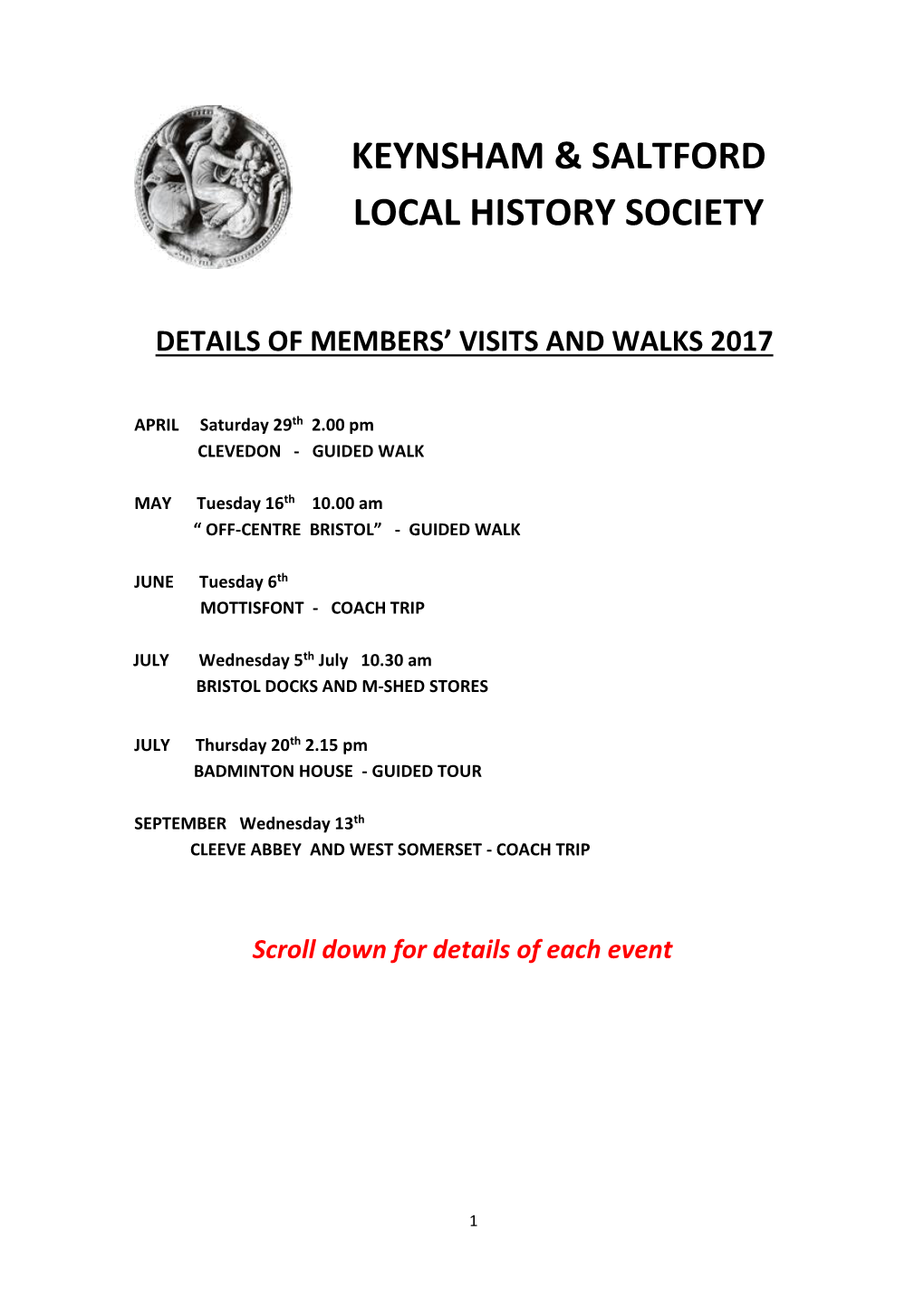 Keynsham & Saltford Local History Society Details of Members' Visits