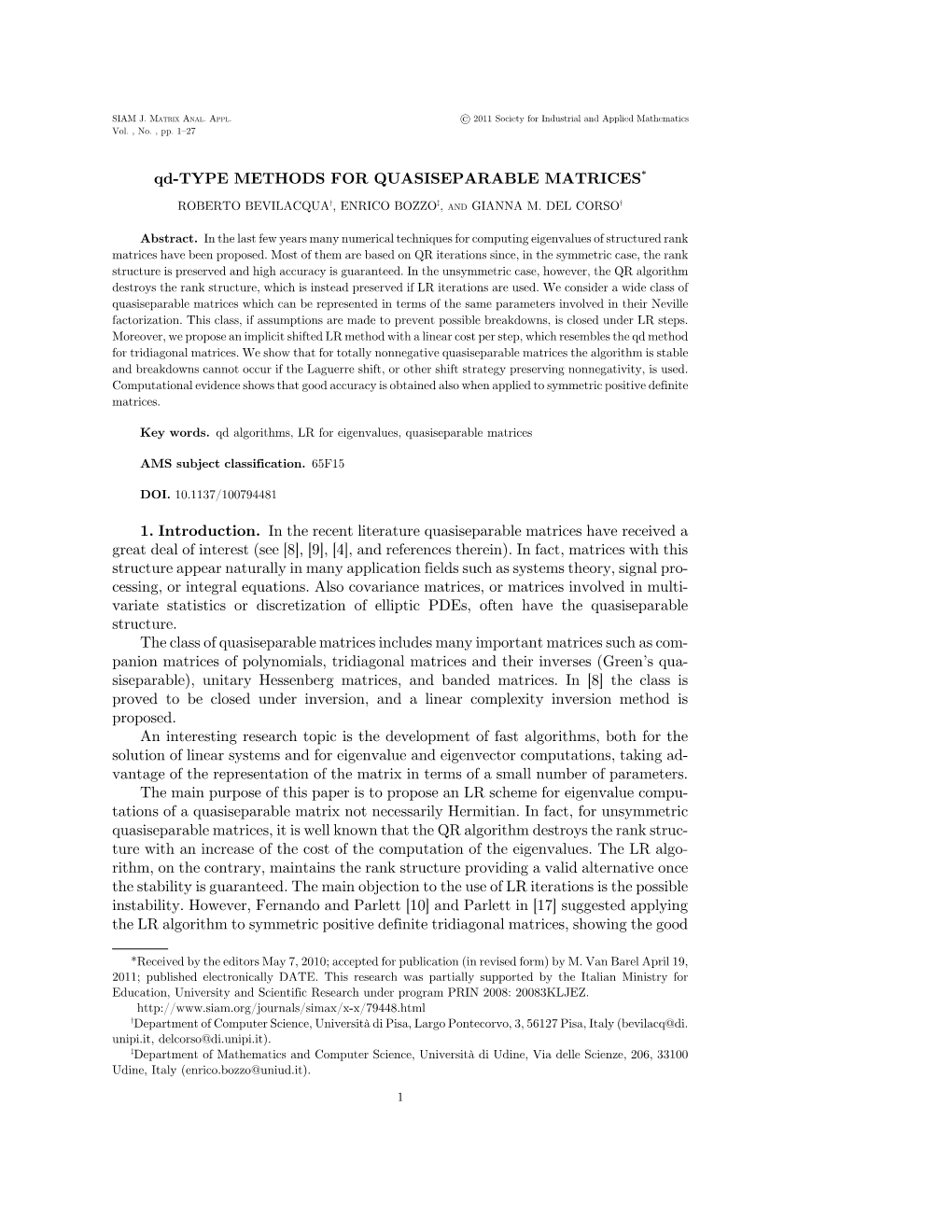 Qd-TYPE METHODS for QUASISEPARABLE MATRICES* 1