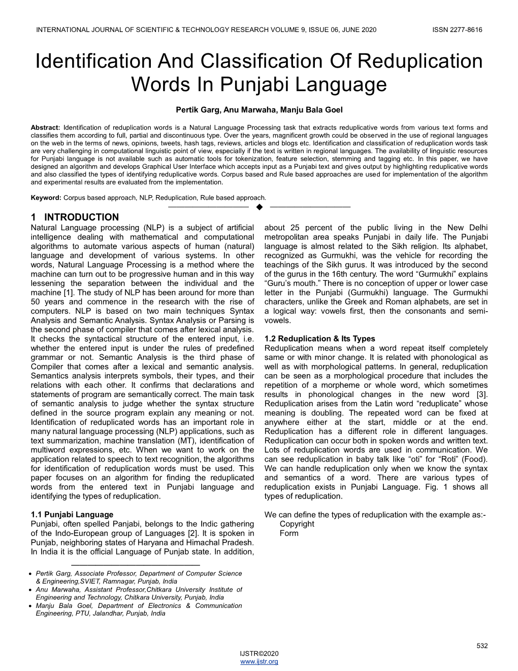 Identification and Classification of Reduplication Words in Punjabi Language
