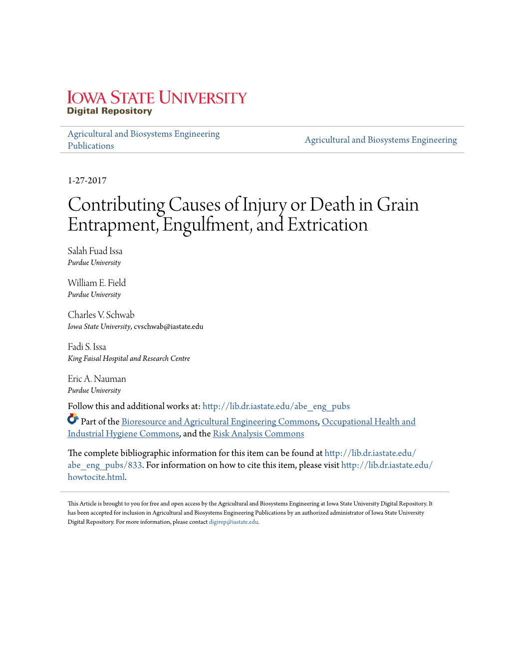 Contributing Causes of Injury Or Death in Grain Entrapment, Engulfment, and Extrication Salah Fuad Issa Purdue University