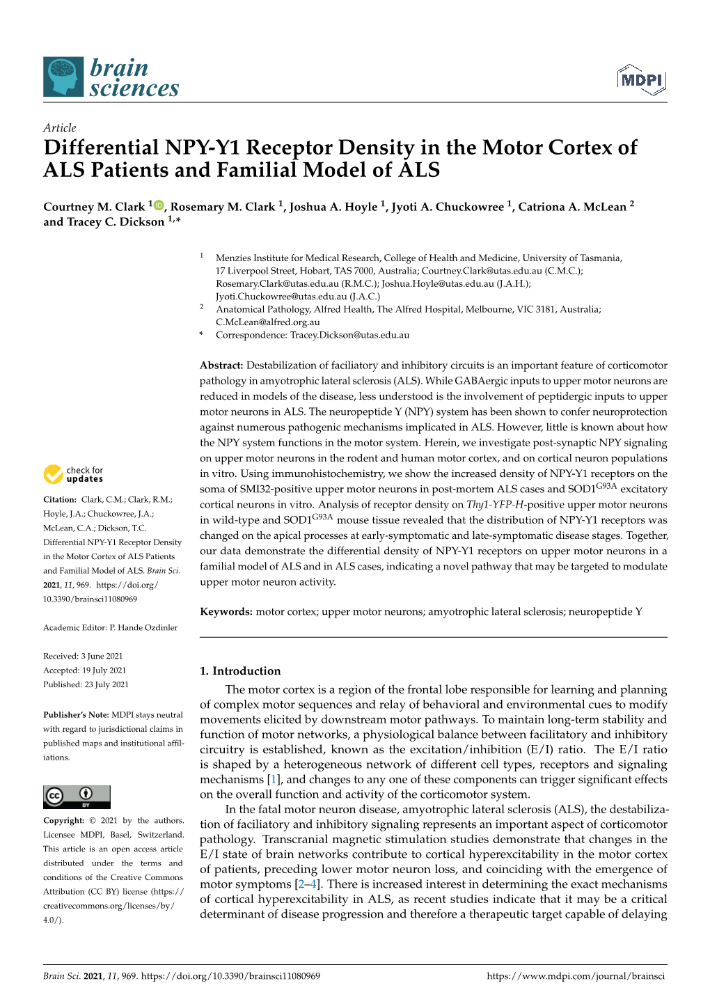 Differential NPY-Y1 Receptor Density in the Motor Cortex of ALS Patients and Familial Model of ALS