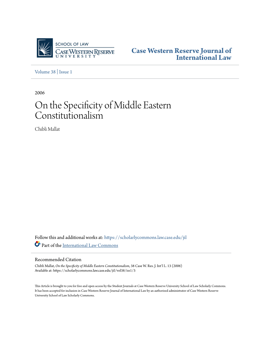 On the Specificity of Middle Eastern Constitutionalism Chibli Mallat